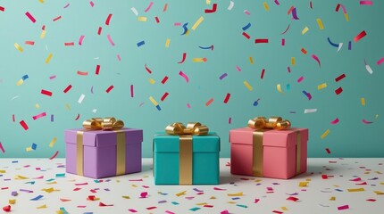 A vibrant and joyful scene featuring three brightly colored gift boxes, adorned with elegant gold ribbons and bows, resting on a clean white surface. A lively cascade of multi-colored confetti falls a