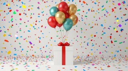 A vibrant and joyful scene unfolds with a beautifully wrapped white gift box featuring a bold red ribbon and bow, positioned centrally. A lively bunch of shiny balloons in festive shades of red, gold,
