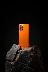 A vibrant, modern orange mobile device with a sophisticated multi-lens camera system on its back stands prominently on a rugged, dark rock formation. The sleek, glossy surface of the advanced technolo