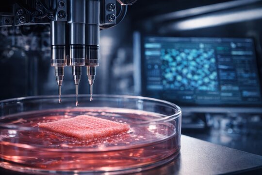 Multi-Nozzle 3D Bioprinter Creating Skin Tissue Patch in Nutrient Bath inside Sterile Cabinet