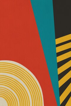 Colourful geometric abstraction with bold shapes and vibrant palette