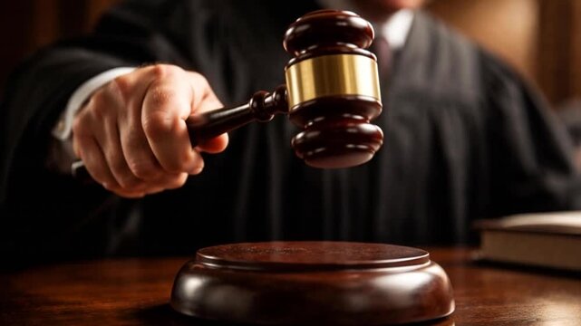 Hand of  judge hitting sound block with wooden gavel while announcing start of court hearing.