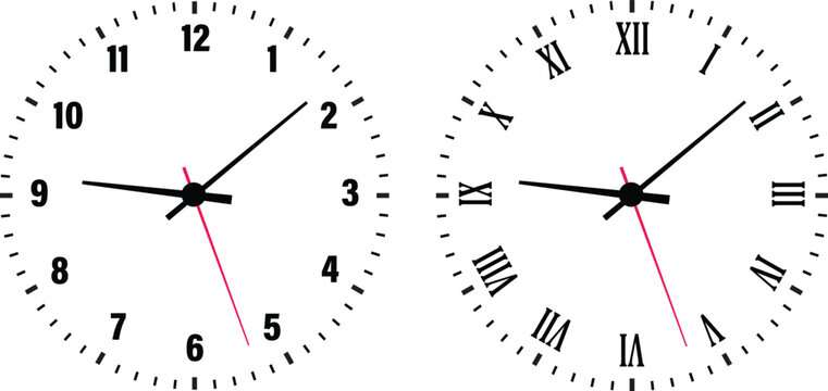 Analog wall clock icon set. Classic round timepiece symbols for schedule and deadline management. Watch face designs for office and home decor vector illustration isolated on transparent background.