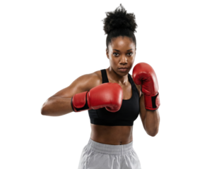 Confident African American Woman Boxer in Red Gloves Ready to Fight