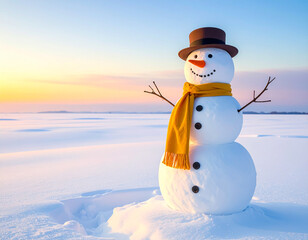 Obraz premium Snowman Wearing Hat And Scarf In Snowy Landscape At Sunset