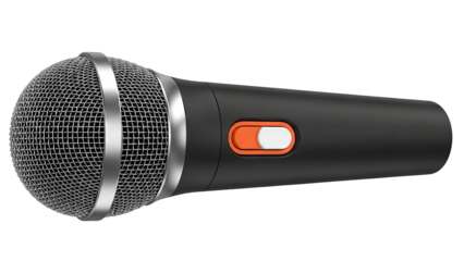 Close-up of a black microphone with silver accents and an orange switch