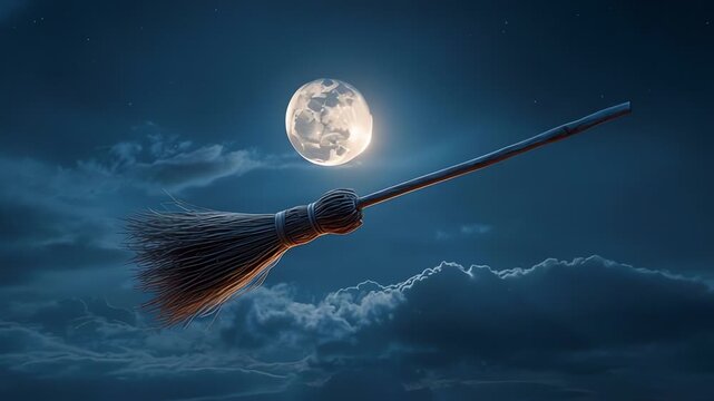 A magical broomstick flying under a bright full moon in a dark, cloudy night sky.