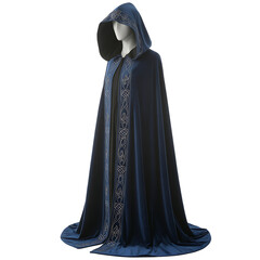 Naklejka premium Elegant blue hooded cloak with golden embroidery on transparent background