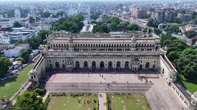 Drone shot of Bara Imambara and Rumi Gate in Lucknow with Gomti River and city skyline