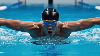 A focused male swimmer in a butterfly stroke during an intense video training session in the pool