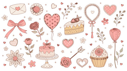Charming Valentine's Day illustrations with hearts, flowers, and sweet treats