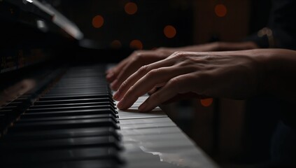Atmospheric music background with hands on piano and golden bokeh lights suitable for relaxation or study playlist cover.