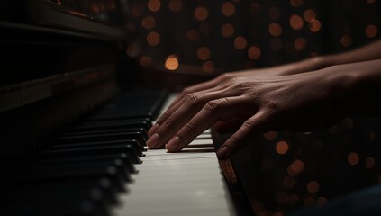 Professional pianist practicing classical melody on black grand piano in a dark studio environment with atmospheric lighting effects.