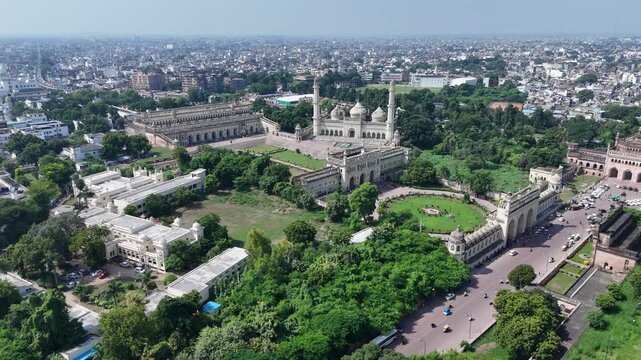 Drone shot of Bara Imambara and Rumi Gate in Lucknow with Gomti River and city skyline