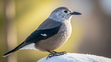A majestic Canada Jay, also known as a Grey Jay or Whiskeyjack, with its soft grey and white feathers and intelligent dark eyes, gracefully perched on a pristine mound of snow under bright daylight ag
