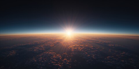 Fototapeta premium Outer space background showing the curvature of the earth and the sun illuminating the atmosphere and clouds below.