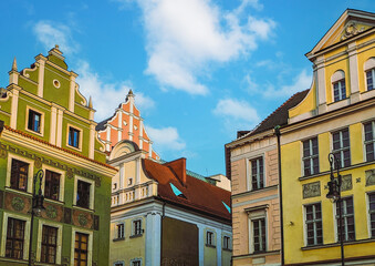 Merchant houses in the Poznan Old Market Square at sunrise, Poland.