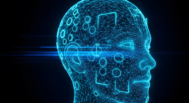 Blue glowing wireframe human head profile with data mesh and lig