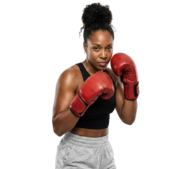 Confident Black Female Boxer in Red Gloves and Black Sports Bra