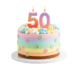 Colorful Rainbow Birthday Cake with Lit Number 50 Candles on White Background
