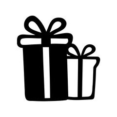 Stylized black and white drawing of two gift boxes with ribbons