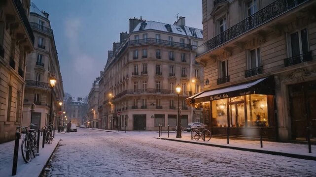 A quiet snow-covered Parisian street illuminated by warm caf&eacute; lights, creating a peaceful, romantic, and atmospheric winter evening in the historic city.