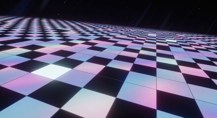 Tilted checkerboard layout is illuminated by a neon glowing night palette for depth. Optical illusion concept