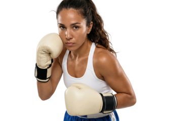Serious Female Boxer in White Tank Top and Cream Gloves Looking at Camera
