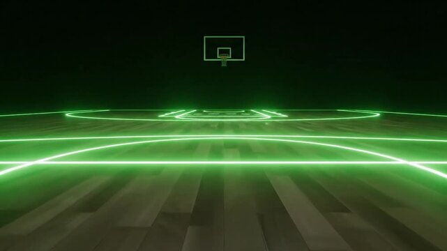 Glowing green lines define basketball court with hoop against black backdrop, emphasizing contrast