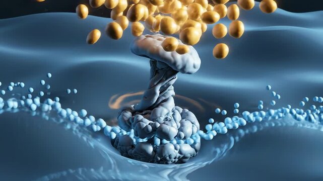 ATP synthase rotating slowly, its molecular head turning like a miniature turbine. As protons flow through, ATP molecules are released as softly glowing particles