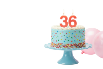 Light Blue Birthday Cake with Sprinkles and Number 36 Candles on White Background
