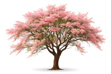 Artistic spring blossom illustration featuring a pink cherry tree with floral branches and green leaves isolated on a white background for seasonal nature design