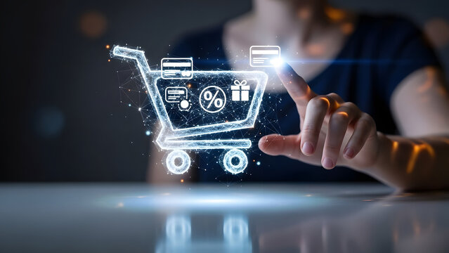 Finger Touching a Digital Shopping Cart Icon e-commerce - Powered by Adobe