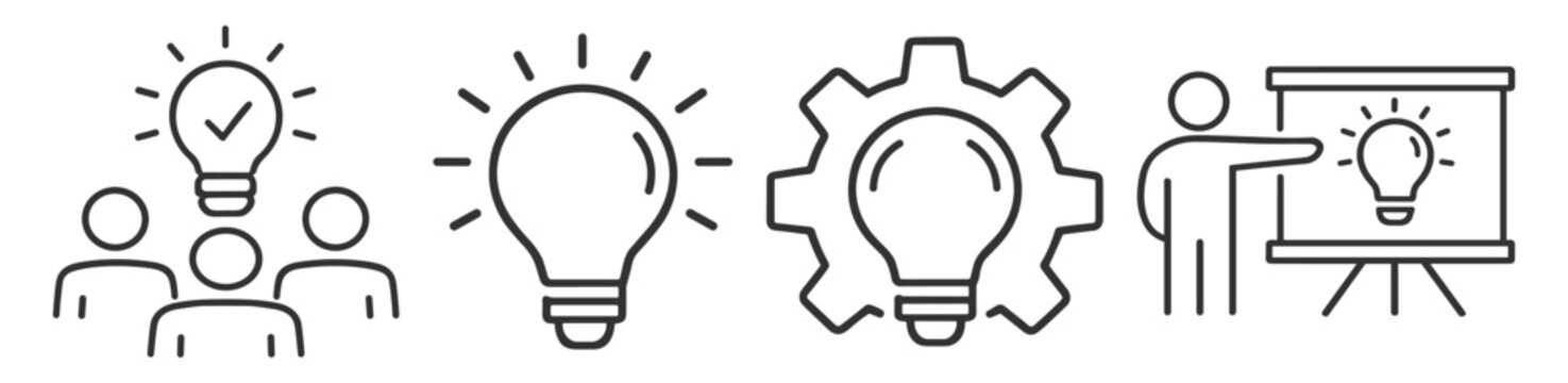 Business idea innovation icons, lightbulb creativity brainstorming strategy, outline vector illustration set on transparent background