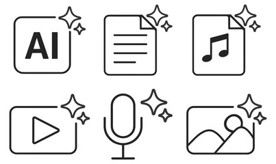 AI content creation line icons set, media files document video audio image symbols, minimal outline vector collection on transparent background