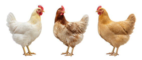 Three Chickens Isolated on White Background: White, Brown, and Golden Hens