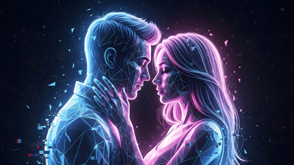Futuristic Couple Embracing with Neon Geometric Network Overlay