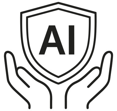 AI security shield with hands icon, artificial intelligence protection and data safety outline vector on transparent background