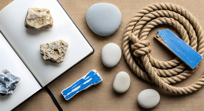 Coiled nautical rope, smooth beach pebbles, rough stones, and bl