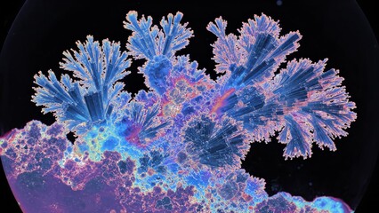 Abstract crystal formation intricate pattern vibrant blue purple red orange colors microscopic view glowing structure chemical crystallization artistic representation scientific