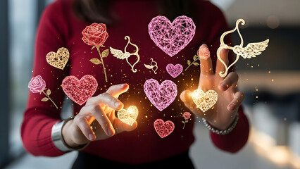Hands Interacting with Glowing Valentine's Day Digital Hearts and Roses