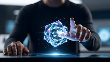 Man touching glowing geometric hologram cube with digital network
