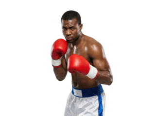Muscular African American Male Boxer in Red Gloves and White Shorts Ready to Fight
