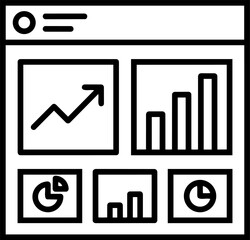 Analytics Dashboard Icon, Black and White Web Interface with Charts and Data Visualization Panels
