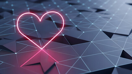 Neon pink heart glowing on futuristic geometric background