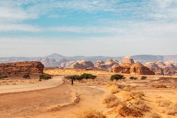 Desert road through Hegra rocky formations under clear blue sky with sparse trees