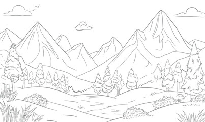 Black and white minimalist vector outline of mountain landscape with forest trees, hills, clouds, and birds in natural outdoor scenery drawing