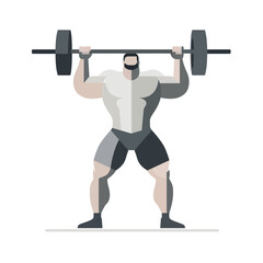 Strong muscular man lifting heavy barbell in minimalist flat vector style with geometric shading and simple color palette for fitness concept illustration