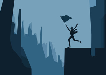 Silhouette of businessman jumping between cliffs holding flag symbolizing achievement success and overcoming challenges in minimalist style