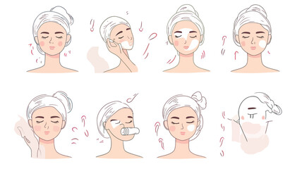 Facial Skincare Routine Step by Step with Woman Using Facial Roller Cleansing Brush and Cream in Minimalist Flat Vector Illustration Set with Headband and Relaxed Expression